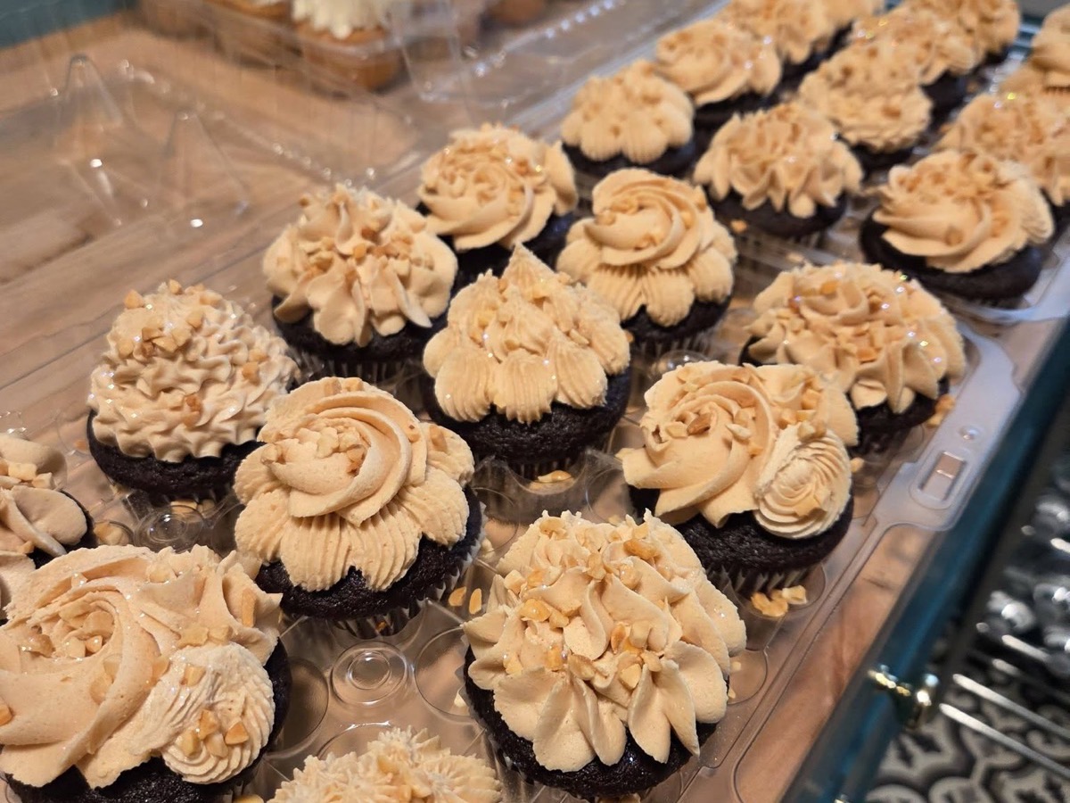 Caramel swirl cupcakes topped with toffee bits